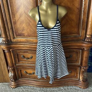 Blue and white striped sleeveless sundress A-frame